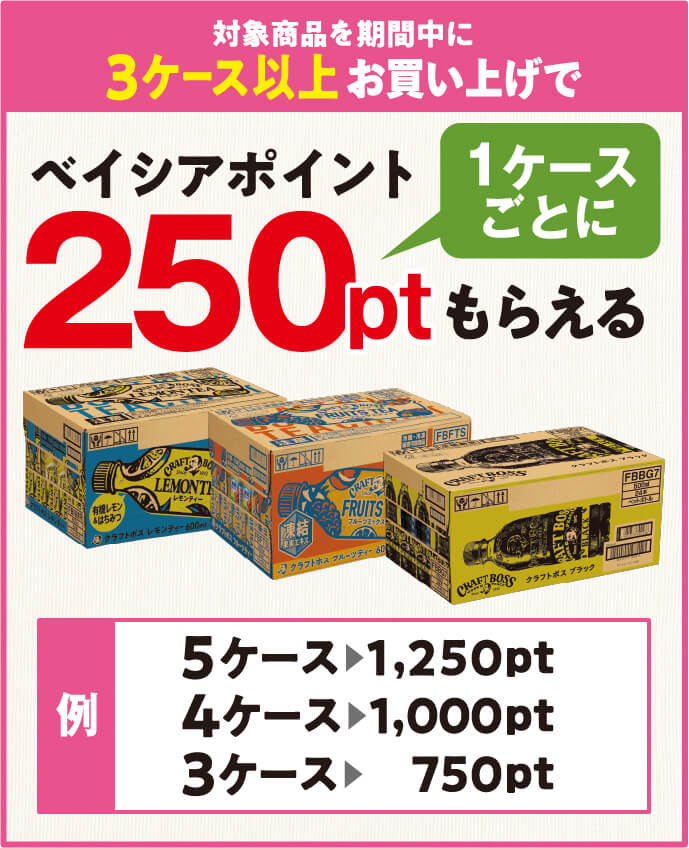 対象商品を期間中に3ケース以上お買い上げで 1ケースごとにベイシアポイント250ポイントもらえる
            例 5ケース1,250ポイント
            4ケース 1,000ポイント
            3ケース 750ポイント