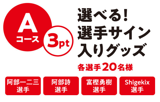 Aコース 3ポイント 選べる！選手サイン入りグッズ 各選手20名様 阿部一二三選手 阿部詩選手 富樫勇樹選手 Shigekix選手