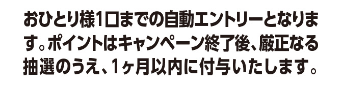 おひとり様1口までの自動エントリーとなります。ポイントはキャンペーン終了後、厳正なる抽選のうえ、1ヶ月以内に付与いたします。