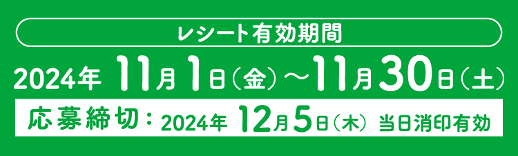 レシート有効期間 2024年11月1日（金）〜11月30日（土） 応募締切：2024年12月5日（木）当日消印有効